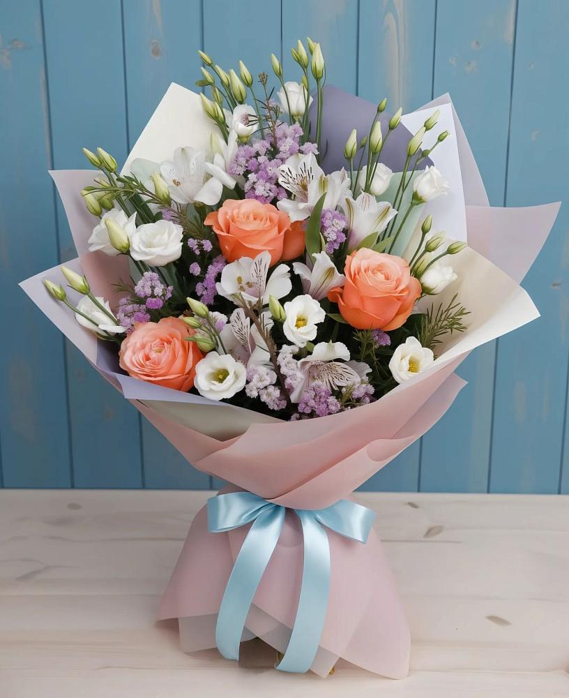 Букет цветов из: Лизиантусы, Розы, Альстромерии и Гипсофила в Дурнихе